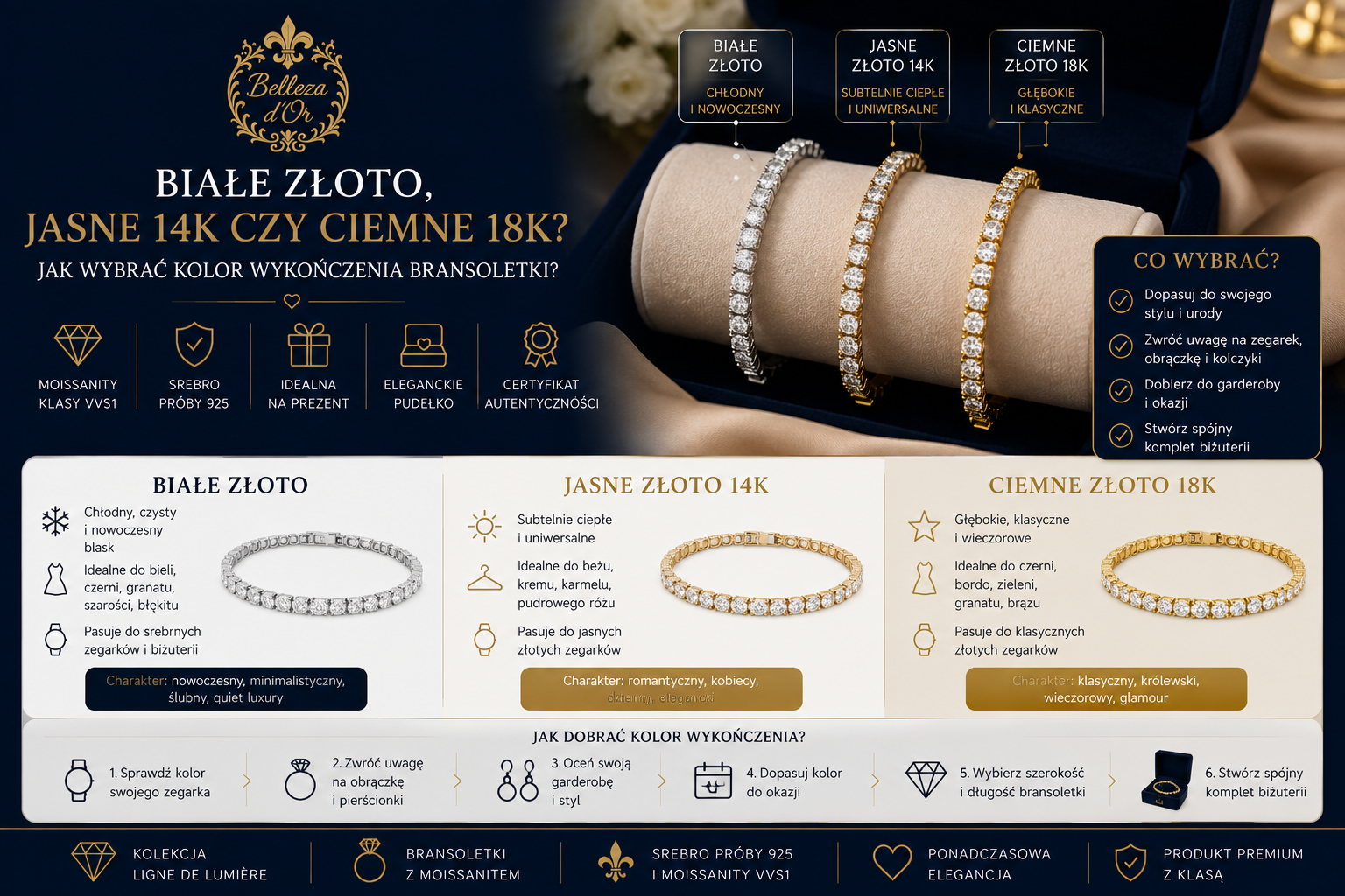 Białe złoto, jasne 14K czy ciemne 18K? Jak wybrać kolor wykończenia bransoletki?