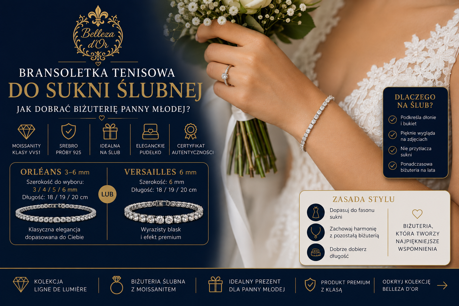 Bransoletka tenisowa do sukni ślubnej — jak dobrać biżuterię Panny Młodej?