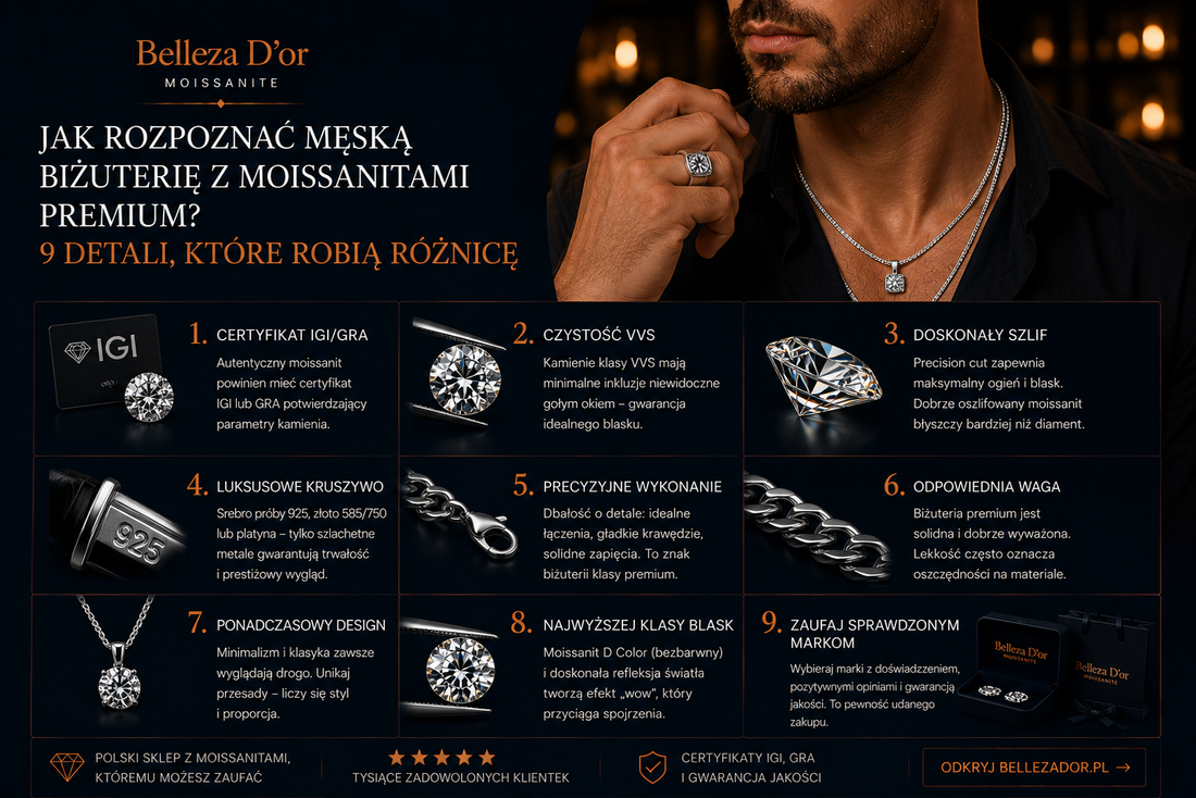 Jak rozpoznać męską biżuterię z moissanitami premium? 9 detali, które robią różnicę