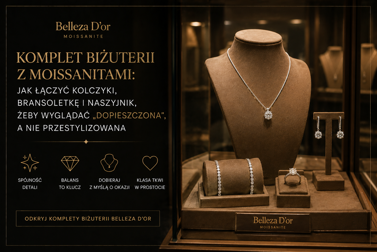 Komplet biżuterii z moissanitami jak łączyć kolczyki, bransoletkę i naszyjnik, żeby wyglądać „dopieszczona”, a nie przestylizowana