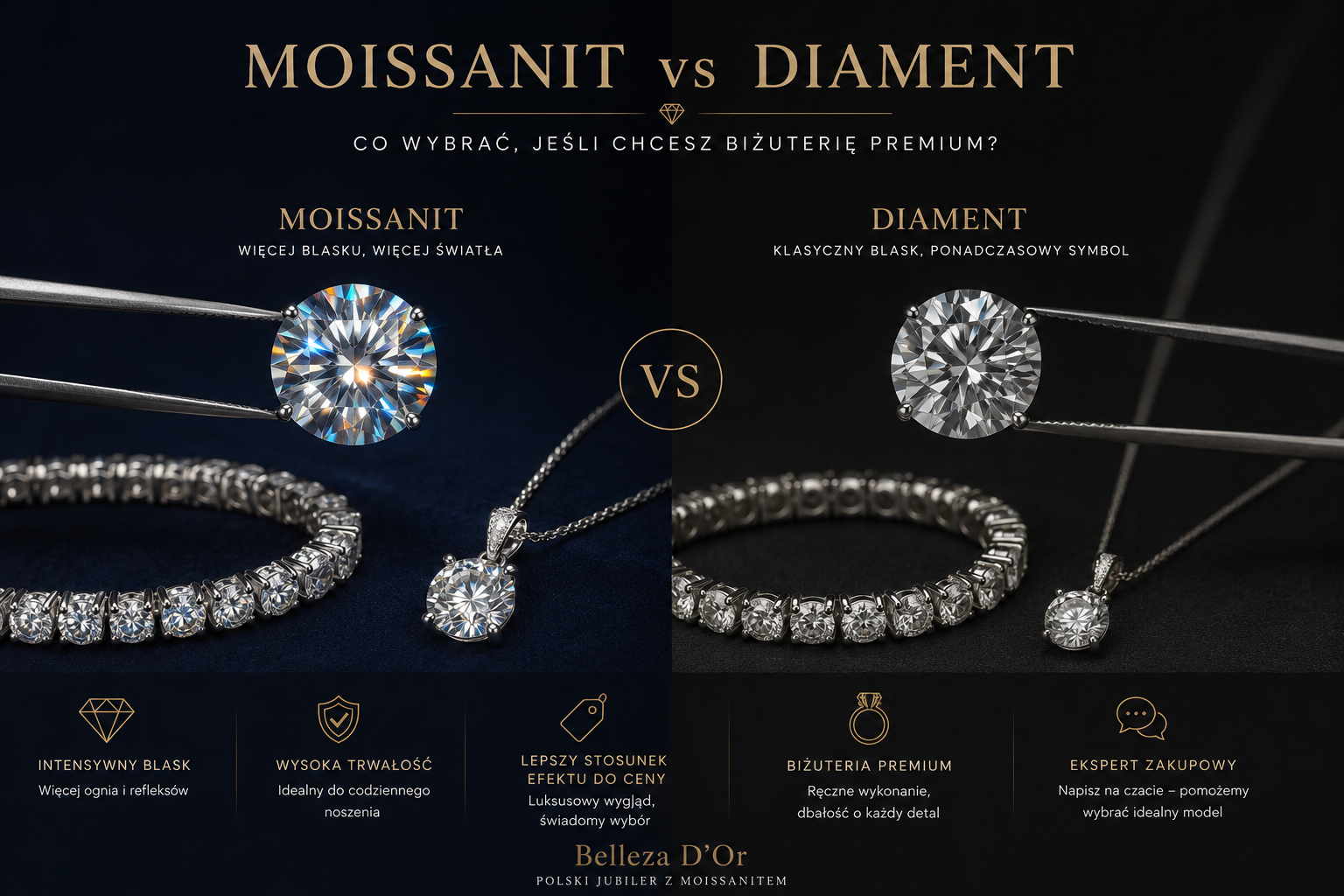 Moissanit vs diament — co wybrać, jeśli chcesz biżuterię premium, która naprawdę wygląda luksusowo?