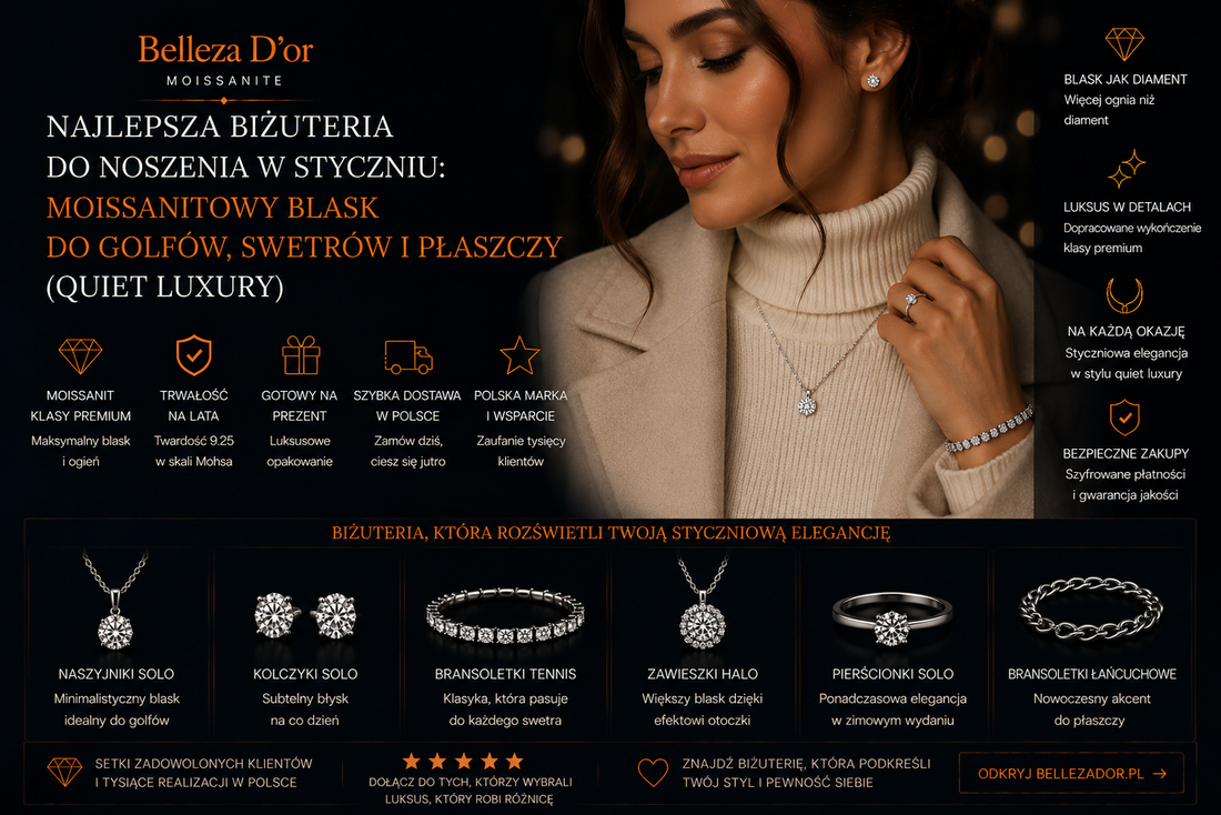 Najlepsza biżuteria do noszenia w styczniu: moissanitowy blask do golfów, swetrów i płaszczy (quiet luxury)