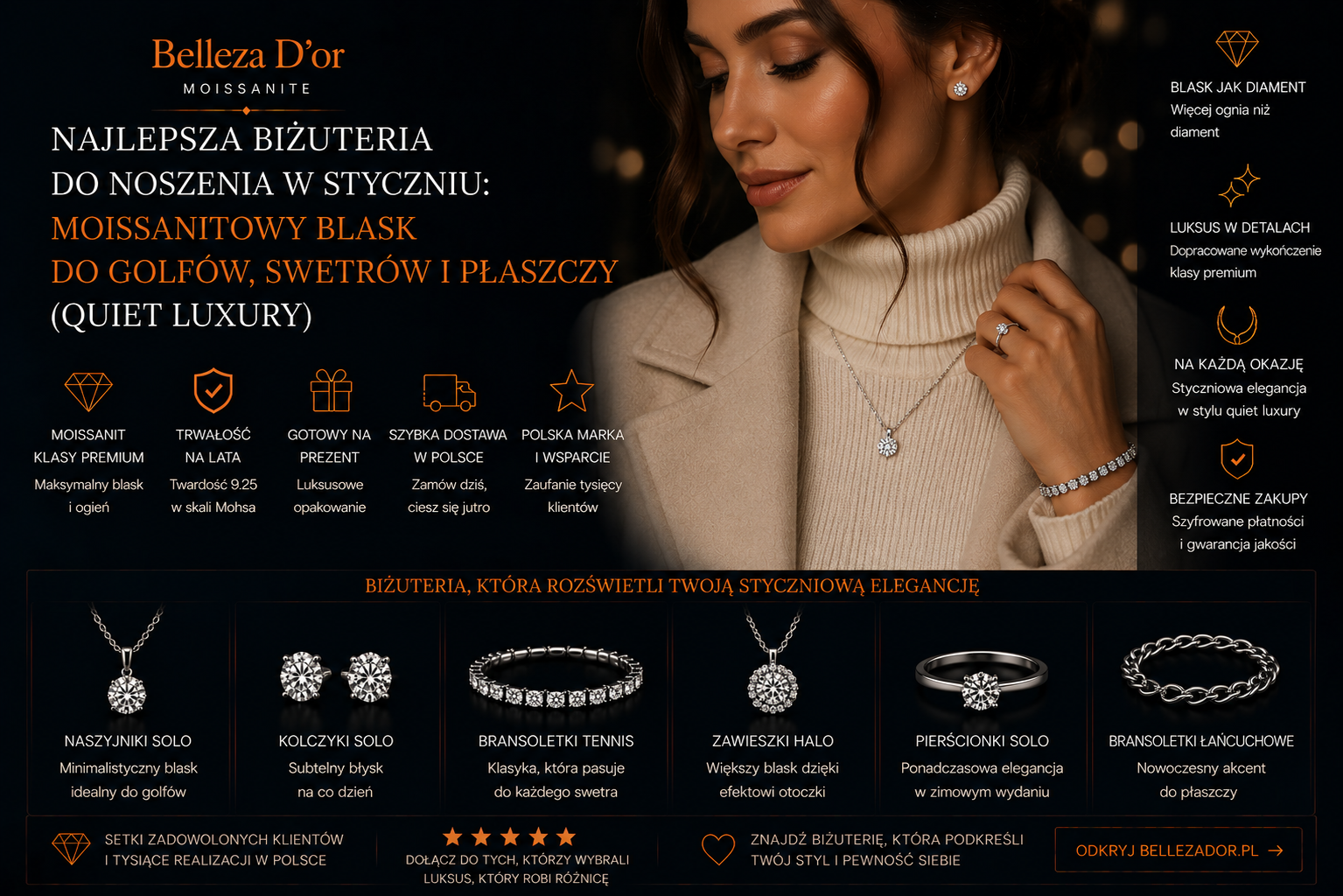 Najlepsza biżuteria do noszenia w styczniu: moissanitowy blask do golfów, swetrów i płaszczy (quiet luxury)