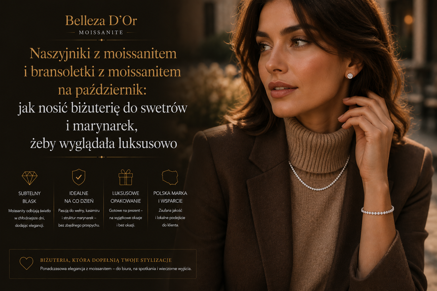 Naszyjniki z moissanitem i bransoletki z moissanitem na październik: jak nosić biżuterię do swetrów i marynarek, żeby wyglądała luksusowo