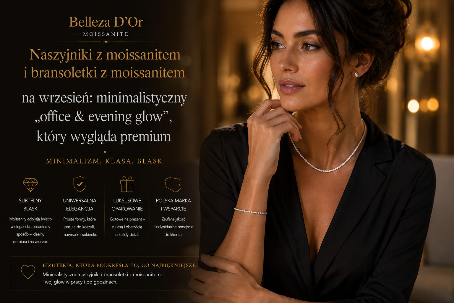 Naszyjniki z moissanitem i bransoletki z moissanitem na wrzesień minimalistyczny „office & evening glow”, który wygląda premium