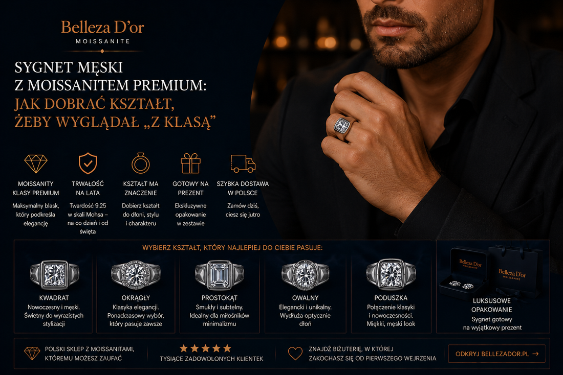 Sygnet męski z moissanitem premium: jak dobrać kształt, żeby wyglądał „z klasą”