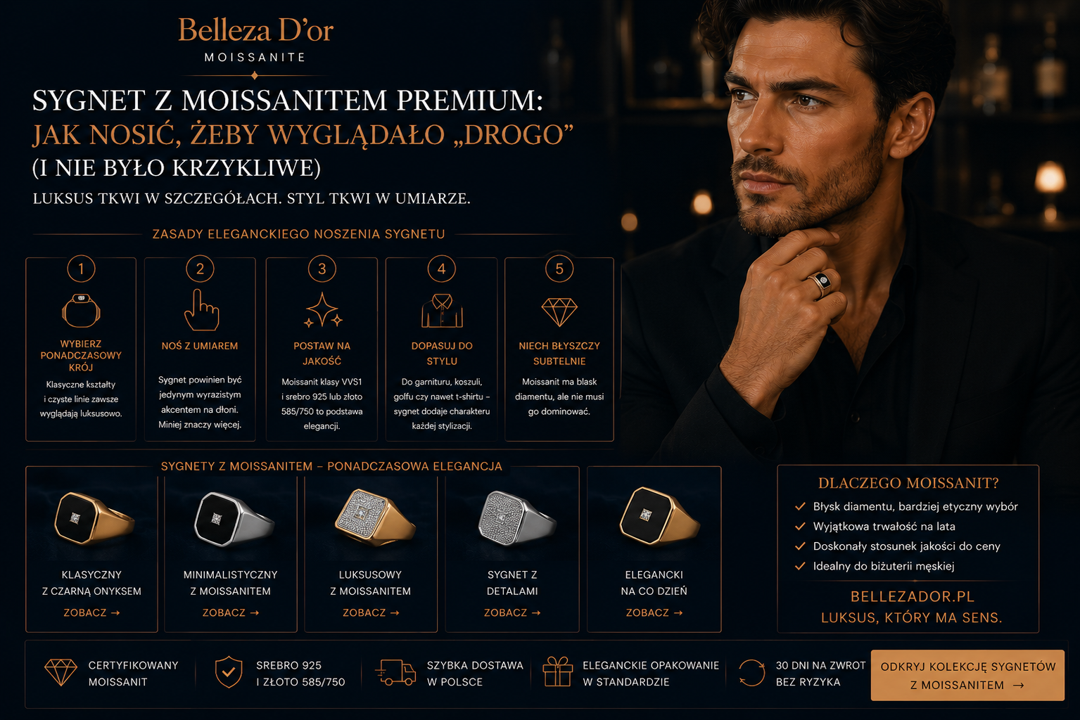 Sygnet z moissanitem premium: jak nosić, żeby wyglądało „drogo” (i nie było krzykliwe)