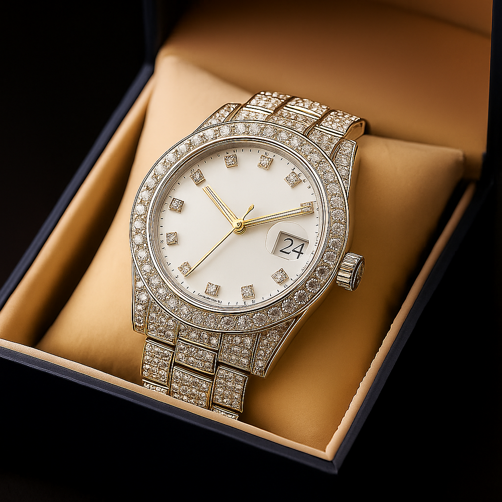 Męski zegarek wysadzany kamieniami typu Moissanit - unikat