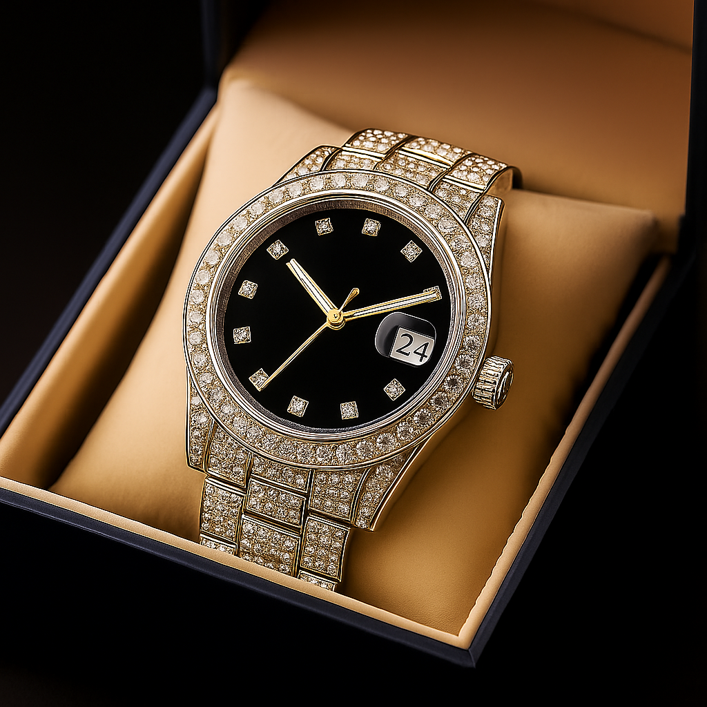 Męski zegarek wysadzany kamieniami typu Moissanit - unikat