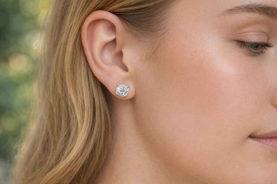 Kolczyki z moissanitem Alexandra – pionowe zdjęcie z modelką